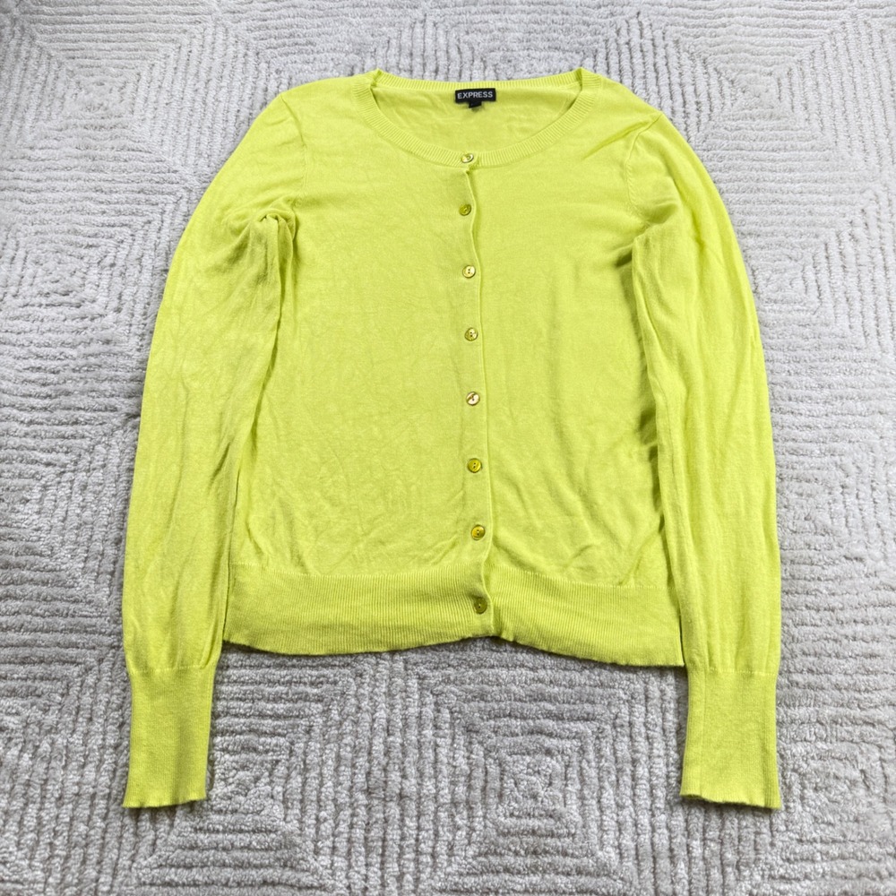 Express Cardigan Womens S Neon Lime Green Ribbed Work Y2K Chartreuse Dopamine